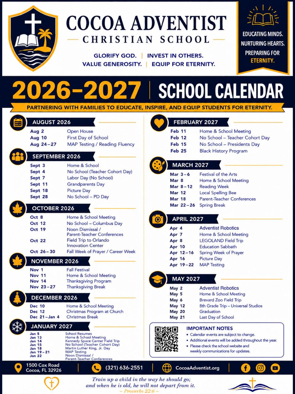 Cocoa Adventist Christian School 2026–2027 calendar poster with monthly schedules, notes, and contact info.
