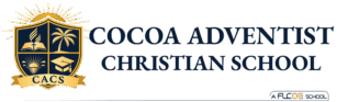 Cocoa Adventist Christian School logo featuring a gold-and-navy shield with sun, palm tree, book, torch, graduation cap, and a CACS ribbon.