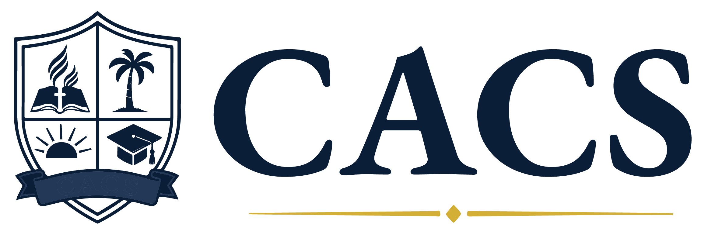 Logo featuring a navy shield divided into four icons (book with flame, palm tree, rising sun, graduation cap) and the bold word “CACS” in dark blue, with a gold underline and diamond motif beneath.