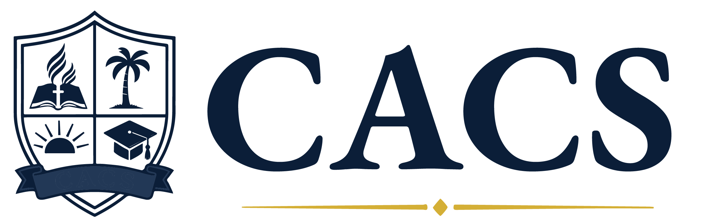 Logo featuring a navy shield divided into four icons (book with flame, palm tree, rising sun, graduation cap) and the bold word “CACS” in dark blue, with a gold underline and diamond motif beneath.
